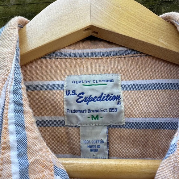 Vintage 90s U.S. Expedition Striped Button Down Shirt Butter Yellow Blue Medium - Picture 4 of 8